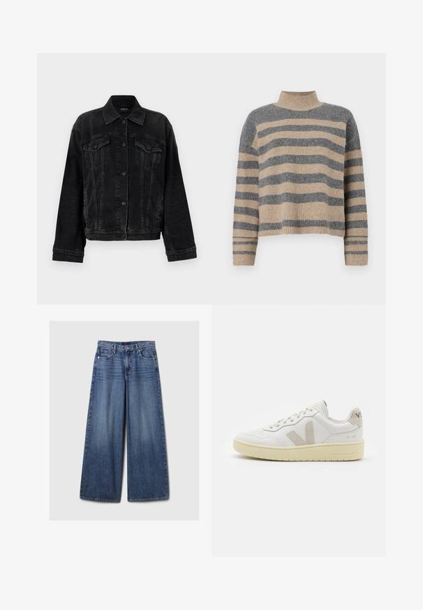 Replay JACKET - Teksajakk - black; Triibuline kudumipusa, millel on hallid ja beezid toonid, kõrge kaelus, laiad mansetid ja vabalt langev lõige koos lühendatud disainiga.; Laiad sinised denimpüksid, millel on pleekinud viimistlus, nupp ja lukuga sulgemine, viis taskut ning vööaasad.; Valge nahast tenniseking, millel on beežist siidist aktsent ja aukudega varvas, lame paelad ja tekstureeritud koorevärvi tallad. Omab nüansirikast brändimist kannal.