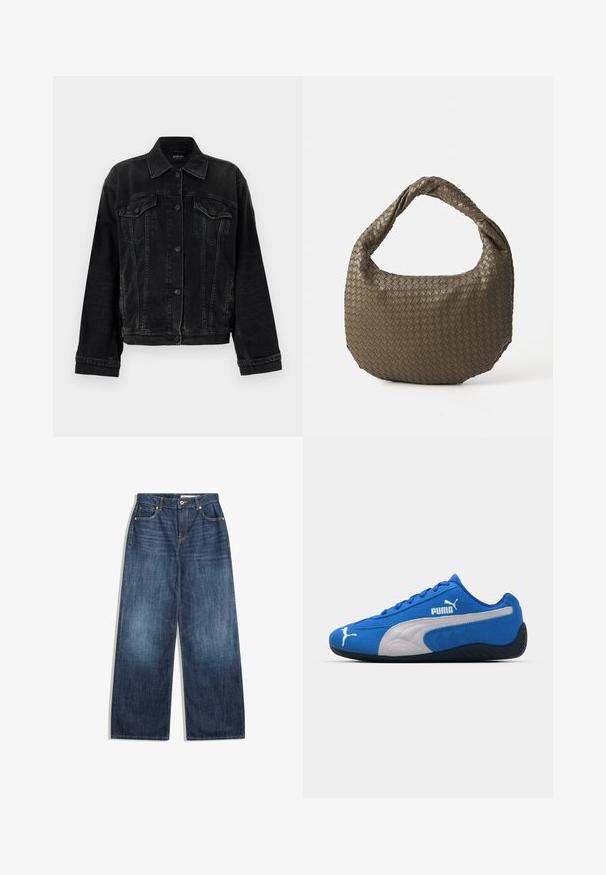 Replay JACKET - Giacca di jeans - black; Felpa con cappuccio grigio chiaro dal tocco morbido, maniche raglan e polsini e orlo a coste. Design semplice, senza grafiche o motivi visibili.; Jeans a gamba larga in denim blu scuro, con cinque tasche, cuciture chiare e chiusura con bottone in vita.; Scarpe da ginnastica blu con tomaia in camoscio, dotate di un pannello laterale bianco e suola in gomma nera. Includono un logo PUMA in rilievo sul lato.; Borsa in oliva intrecciata con forma arrotondata e manico attorcigliato. La superficie testurizzata presenta un motivo diagonale. Chiusura con cerniera.