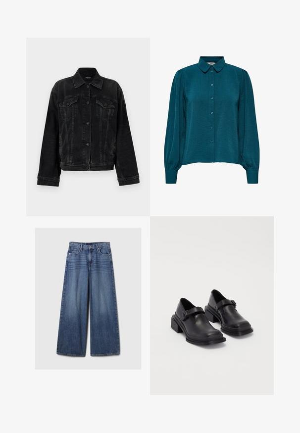 Replay JACKET - Džinsinis švarkelis - black; Mėlyna bluzonė su apykakle, mygtukų priekyje ir ilgomis rankovėmis. Pagaminta iš tekstūruotos medžiagos su surinktomis rankovėmis.; Platus mėlynos džinsinės kelnės su išblukusiu paviršiumi, su mygtukų ir užtrauktuko uždarymu, penkiomis kišenėmis ir diržo kilpomis.; Juodos odinės bateliai su apvaliu priekiu, plokščiu padu ir dirželiu su sagtimi. Didelis blokinis kulnas, užtikrinantis papildomą stabilumą.