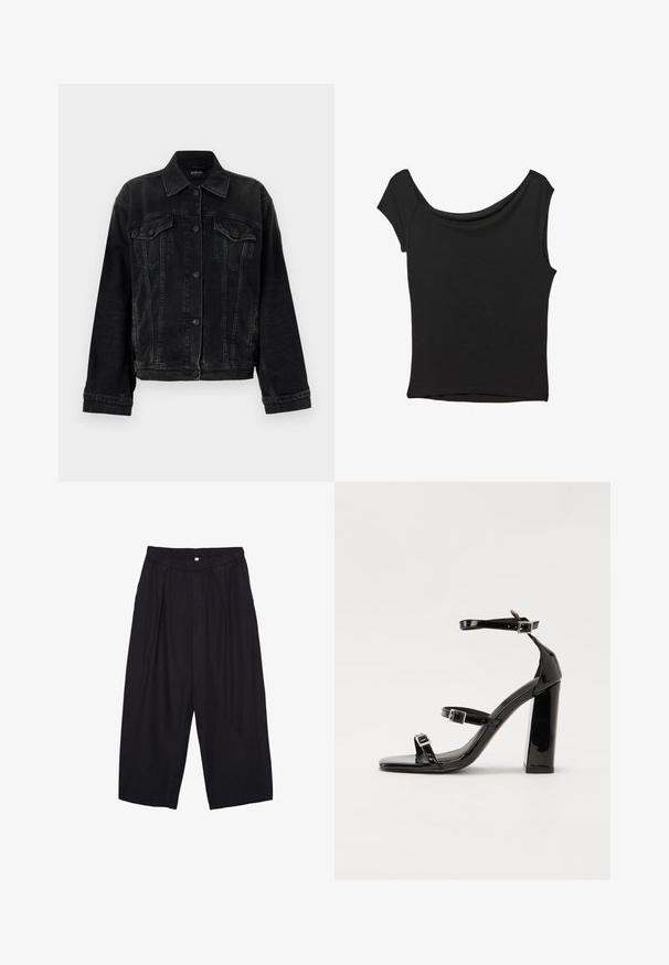 Replay JACKET - Farkkutakki - black; Musta lyhythihainen paita, joka on valmistettu sileästä kankaasta; siinä on laskeutuva kaula-aukko ja epäsymmetrinen helma, sekä istuva malli.; Musta polyesterinen culotte-housut, jossa on joustava vyötärö, kaksi etupleettiä ja löysä siluetti. Ei näkyviä kuvioita tai metallisia yksityiskohtia.; Musta kiiltävä korkokenkä sandaalit neliönmuotoisella varpaalla, nilkkaremmillä ja hopeisilla soljilla. Varustettu tukevalla lohkokorkealla vakauden takaamiseksi.