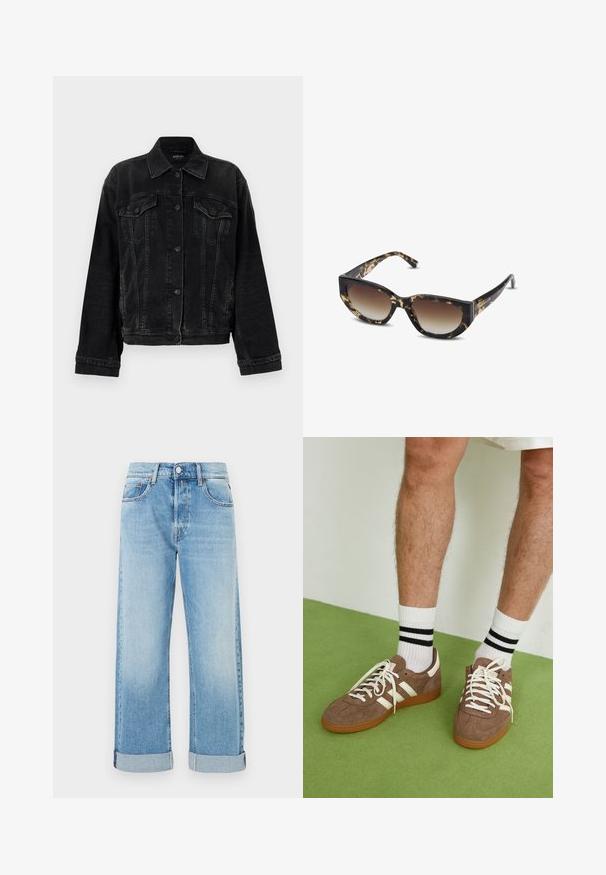 Replay JACKET - Spijkerjas - black; Langsleeve blauwe denimshirt met drukknoopsluitingen, twee borstzakken en een spitse kraag, liggend op een witte achtergrond.; Lichtblauwe denim jeans met een rechte pijp, voorzien van vijf zakken, een knoopsluiting en opgerolde boorden aan de onderkant.; Bruine suède sneakers met witte accenten en veters. Rubberen gumzool. Draag met witte sokken met zwarte strepen. Groene gestructureerde vloer.; Bruine en zwarte schildpadzonnebril met een hoekige cat-eye vorm, gradient lenzen en een dikke montuur. Logo gedrukt op de veren.; Bruine geweven tas met een slaconvorm, een enkele lus handvat en een gestructureerd oppervlak. Het ontwerp is hobo-stijl zonder extra bevestigingsmiddelen.