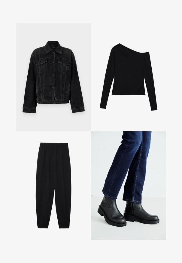 Replay JACKET - Spijkerjas - black; Zwarte langemouwen top met een asymmetrische halslijn en een aansluitend ontwerp van zachte, gladde stof. Geen zichtbare patronen of hardware.; Zwarte, lichte broek met een elastische tailleband en gathered enkels. De stof is glad en heeft een ontspannen, taps toelopend ontwerp.; Zwarte leren enkelboots met een dikke zool en zij-elastische panelen, gecombineerd met donkerblauwe jeans. De grond is lichtgekleurd.