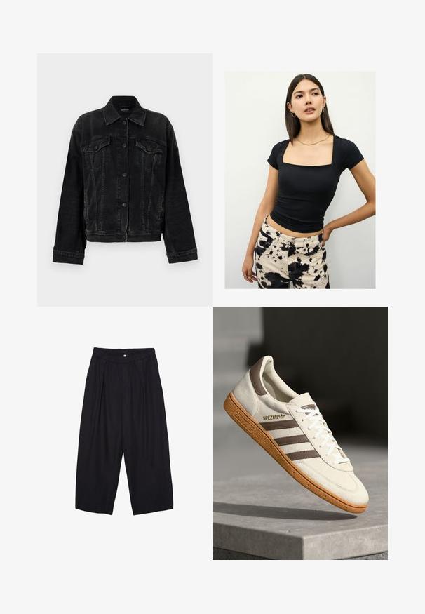 Replay JACKET - Jakna iz džinsa - black; Črna oprijeta majica s kvadratnim izrezom in kratkimi rokavi. V kombinaciji z visokim pasom hlačami z vzorcem črne in kremne kapljice.; Črne poliesterske culotte hlače z elastičnim pasom, dvema sprednjima nabiranjema in ohlapnim krojem. Brez vidnih vzorcev ali kovinskih detajlov.; Beli semišni športni čevelj z rjavimi usnjenimi detajli, tremi rjavimi črtami in belimi vezalkami. Ima teksturiran gumijast podplat in zlato oznako "SPEZIAL".