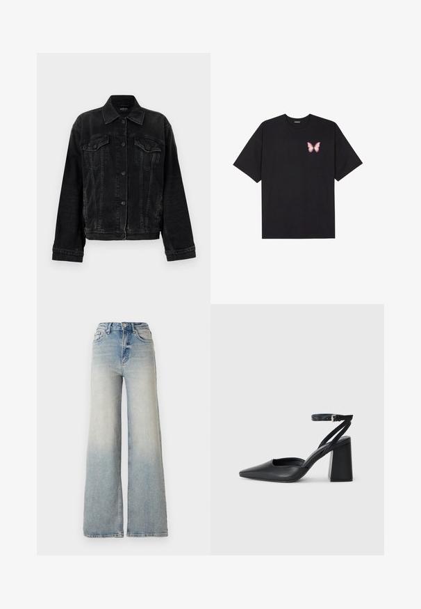 Replay JACKET - Jeansjacke - black; Schwarzes Baumwoll-T-Shirt mit kurzen Ärmeln, das ein kleines pinkes Schmetterlingsmotiv auf der linken Brust zeigt. Crewneck-Design mit einem entspannten Schnitt.; Hellblaue weit geschnittene Jeans aus Denim, mit hoher Taille, fünf Taschen und sichtbaren Nähten entlang der Säume.; Schwarze Leder-Pumps mit spitzer Zehe, einem Knöchelriemen und einem blockigen Absatz. Flache Textur, elegantes Design und minimalistische Ästhetik.