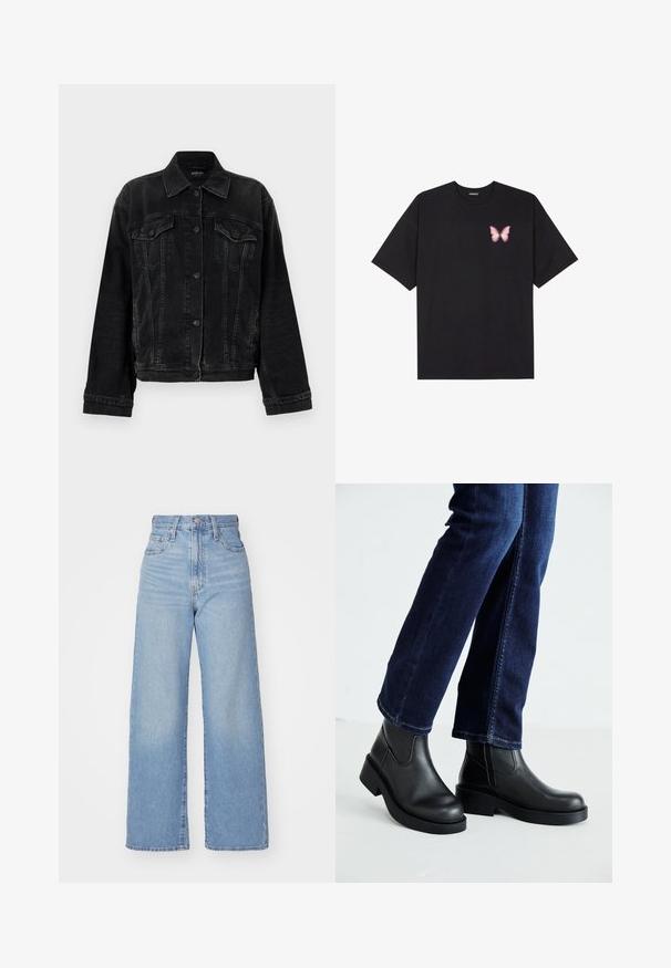 Replay JACKET - Farmerdzseki - black; Fekete pamut póló rövid ujjakkal, bal mellkason egy kis rózsaszín pillangó grafikával. Kerek nyakú kialakítás, laza fazonnal.; Világoskék, magas derekú, bő szárú farmernadrág, elülső gombbal és cipzárral, elülső és hátsó zsebekkel, fehér háttérrel.; Fekete bőr bokacsizma vastag talppal és oldalán elnyújtott elasztikus betétekkel, sötétkék farmerral párosítva. A talaj világos színű.