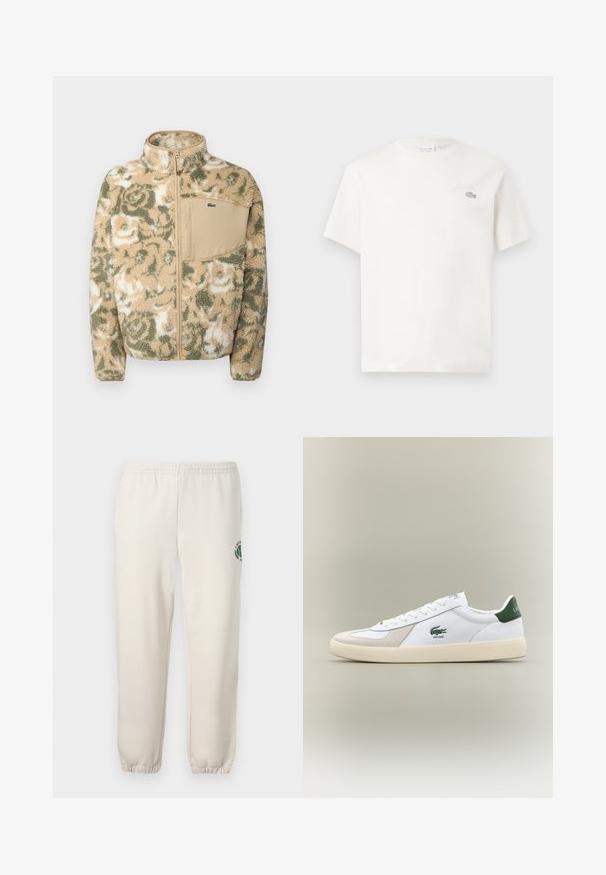 Bézs színű bolyhos fleece dzseki zöld virágmintával, elől cipzárral és világosbarna mellzsebbel. A zseben Lacoste logó található.; Fehér pamut póló rövid ujjakkal, diszkrét hímzett logóval és minimalista designnal. Puha tapintású, kerek nyakkivágású.; Világos bézs szabadidőnadrág, pamutból készült, rugalmas derékkal, bordázott mandzsettákkal, és zöld logóval, amely leveleket ábrázol, a bal lábon.; Fehér sportcipő zöld részletekkel, velúr és bőr anyagból, kerek orral, texturált talppal, és hímzett logóval az oldalon és a nyelvén.