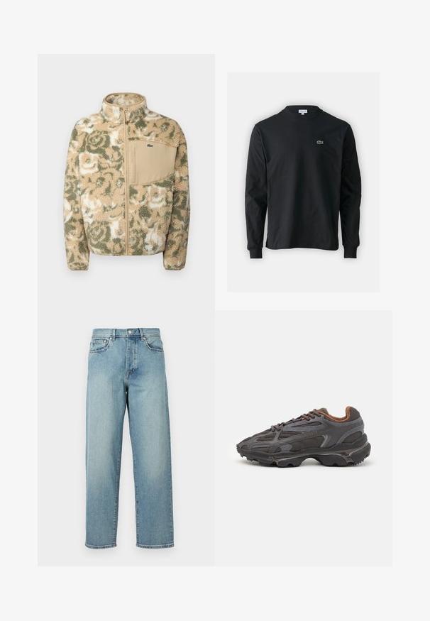 Purkštuko, pagamintas iš minkšto fliso, bežinės spalvos su žaliais gėlių raštais, užtrauktuko priekyje ir šviesiai rudos spalvos krūtininės kišenės. Kišenės logotipas – Lacoste.; Juodas ilgomis rankovėmis marškinėliai iš medvilnės, turintys apvalią iškirptę ir mažą žalią išsiuvinėtą krokodilo logotipą kairėje krūtinės pusėje.; Šviesiai mėlynos džinsinės kelnės su laisvu siluetu, tiesiomis kojomis, penkių kišenių dizainu ir sagčių uždarymu juosmens srityje. Minimalistinis siuvinėjimo akcentas.; Lacoste sportbačiai tamsiai pilki, pagaminti iš tinklinės ir sintetinių medžiagų, su tekstūruotu padu ir rudomis detalėmis ant apykaklės bei prekės ženklo.