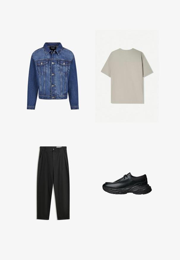 Denim jakna v srednje modri barvi, s srebrnimi detajli, dvema žepoma na prsih, zapenjanjem na gumb in klasičnim ovratnikom. Standardni kroj z dolgimi rokavi.; Bež bombažna majica s kratkimi rokavi. Ima preprost dizajn in okroglo ovratnico. Gladka tekstura z minimalnim šivom na hrbtni strani.; Črne bombažne hlače s sproščenim krojem, ki vključujejo klasičen pas, sprednje gube in stranske žepke. Gladka tekstura brez vzorcev.; Črne usnjene čevlje za enostavno obuvanje z zaobljenim nosom in debelim strukturiranim gumijastim podplatom. Imajo diskretne šive in elastične dodatke na ovratniku.
