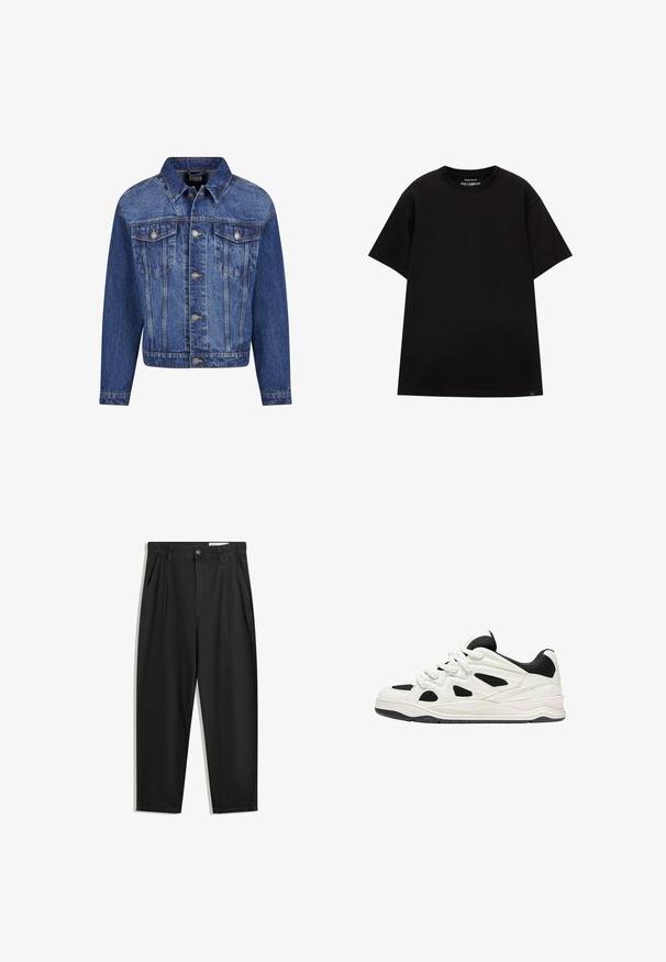Jachetă din denim de culoare albastru mediu, cu accesorii din argint, două buzunare pe piept, închidere cu butoane și guler clasic. Croială standard cu mâneci lungi.; PULL&BEAR JOIN LIFE - Tricou basic - black; Pantaloni negri din bumbac cu croială lejeră, având un brâu clasic, plii frontale și buzunare laterale. Textură netedă fără modele.; Adidași albi și negri cu o talpă texturată, având desene decupate pe laterale și șireturi, și un călcâi căptușit pentru susținere.