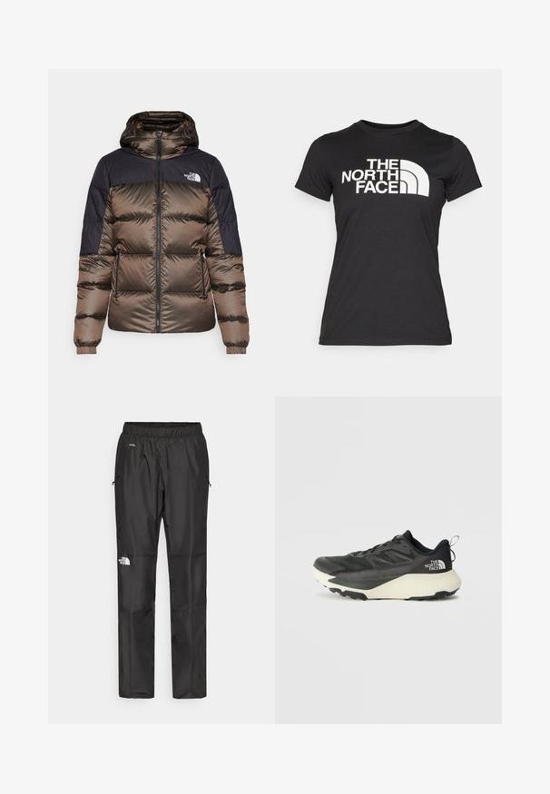 Kurtka puchowa z kapturem, w brązowo-granatowym schemacie kolorystycznym, z błyszczącą teksturą, z zapięciem na suwak z przodu oraz logo na lewej piersi.; Czarna koszulka z bawełny z krótkimi rękawami. Posiada duży biały napis i zaokrągloną grafikę z przodu. Gładka faktura.; Czarne wodoodporne spodnie wykonane z lekkiego materiału, z elastycznym pasem, bocznymi kieszeniami i logo na lewym nogawce.; Czarne sportowe buty z teksturowaną cholewką, z szarymi akcentami i białą podeszwą środkową. Zawierają pętelkę do zakładania oraz wyraźne logo marki na pięcie.