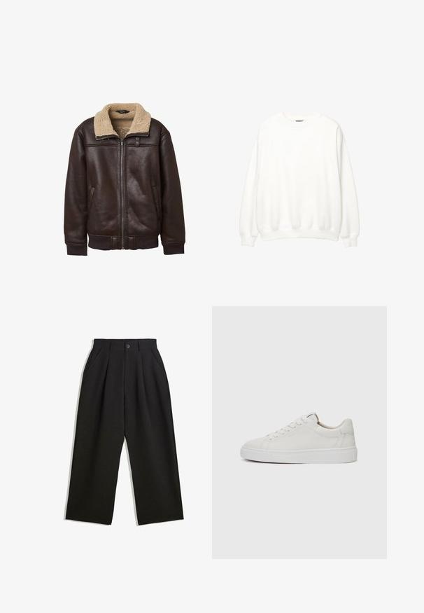Dunkelbraune Lederjacke mit einem hellbraunen, fellartigen Kragen, Reißverschluss und elastischen Bündchen. Verfügt über Seitentaschen und Knopfdetails.; Weißer Sweatshirt, Rundhalsausschnitt, lange Ärmel, lockere Passform. Weicher Stoff mit gerippten Bündchen und Saum. Minimalistisches Design, keine sichtbaren Logos oder Muster.; Schwarze Hose mit lockerem Schnitt, mit Falten an der Vorderseite, Seitentaschen und einem Knopfverschluss. Hergestellt aus strukturiertem Stoff.; Weiße Leder-Sneaker im Low-Top-Stil mit runder Zehenform, flacher weißer Gummisohle und minimalistischen Steppnähten. Schnürsenkel sind durch sechs Ösen gesichert.