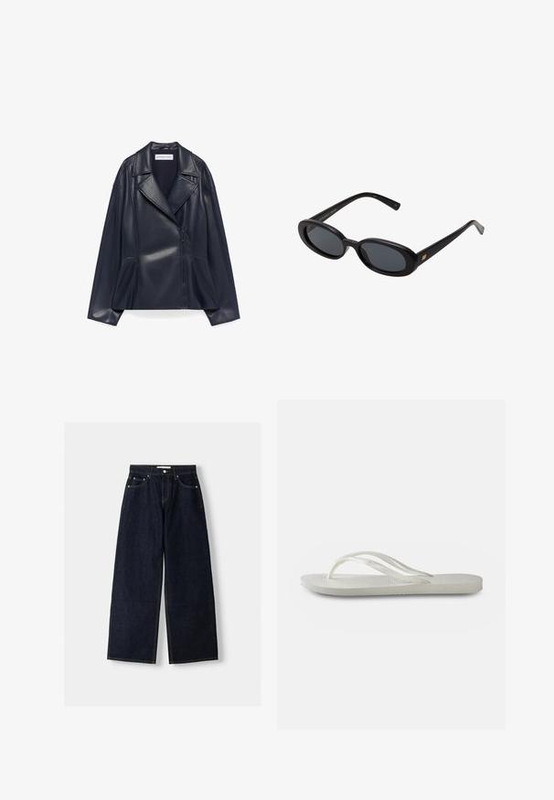 Ciemnoniebieska kurtka motocyklowa z sztucznej skóry z szerokimi klapami, asymetrycznym zamkiem błyskawicznym z przodu i bocznymi kieszeniami na zamek, eksponowana na białym tle.; Długo rękawowa koszula z miękkiego, jasnoniebieskiego materiału. Posiada szeroki, okrągły dekolt oraz prosty krój z bocznymi rozcięciami. Gładka tekstura.; Granatowe dżinsy z szerokimi nogawkami i wysokim stanem, pięć kieszeni, kontrastowe szwy i srebrne metalowe akcesoria. Gładka tekstura i czyste wykończenie.; Białe klapki z teksturowaną podeszwą, z cienkimi paskami i płaskim fasonem. Wykonane z gumy, z subtelnym logo na wkładce.; Czarne, oversize okulary przeciwsłoneczne z owalnymi soczewkami, gładkim plastikowym mostkiem i złotymi akcentami na zausznikach. Ciemne soczewki zapewniają ochronę przed słońcem.