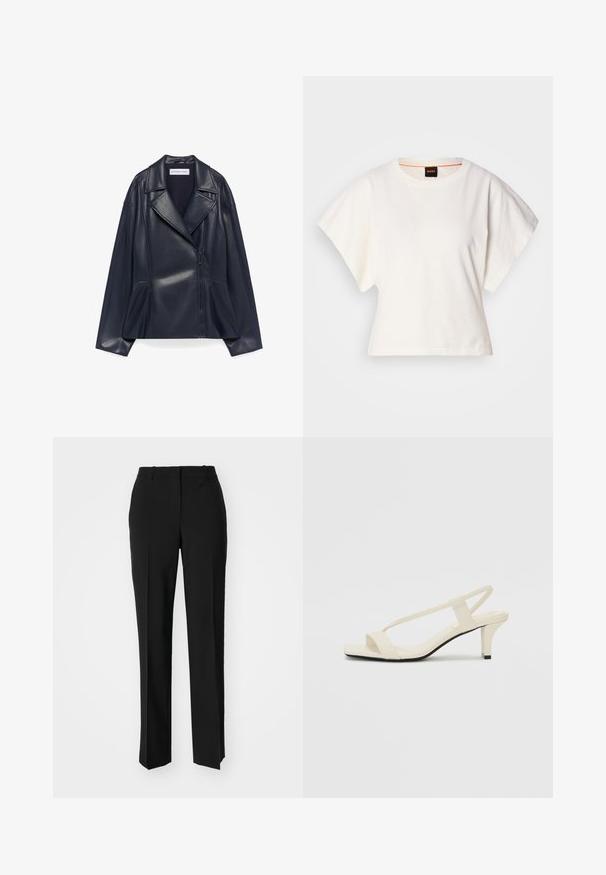 Giubbotto biker in ecopelle di un blu scuro, con ampi revers, zip frontale asimmetrica e tasche laterali con zip, esposto su sfondo bianco.; T-shirt bianca cropped, maniche corte e larghe, tessuto di cotone morbido, scollatura rotonda con bordino arancione sottile, design minimale, senza motivi o grafiche.; Pantaloni neri su misura con un design a gamba dritta, caratterizzati da una texture liscia e pieghe ben definite sul davanti. Senza hardware visibile.; Sandali con tacco a blocco beige, con sottili cinturini e punta quadrata. Materiale liscio con dettagli minimi, progettati per un facile utilizzo.