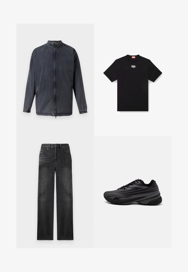 Svart, uformell jakke laget av denimmateriale, med oppreist krage, glidelås foran og elastiske mansjetter. Inkluderer sidelommer og en avslappet passform.; Svart bomull T-skjorte med rund hals og korte ermer. Har en liten, sølvfarget logo brodert på midten foran.; Sorte jeans med rett ben i denim, med fem lommer, beltehemper, og subtil fading på stoffet for tekstur.; Svarte joggesko med en teksturert overdel som har grå striper. Tykk såle for demping, rund tå og flate snører for en sikker passform.