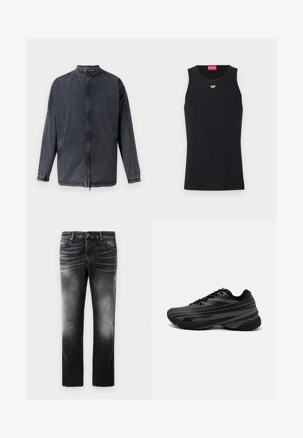 Casaco casual preto feito de material de ganga, com colarinho alto, fecho éclair à frente e punhos elásticos. Inclui bolsos laterais e um ajuste descontraído.; Camisola preta sem mangas feita de tecido suave, com decote redondo, aberturas para os braços e um pequeno logótipo vermelho no peito. Design simples.; Calças jeans pretas com acabamento desbotado e detalhes desgastados, design padrão de cinco bolsos e fecho com zip. Feitas de tecido denim.; Shoe de corrida preta com um cabedal texturizado apresentando riscas cinzentas. Sola grossa para amortecimento, bico redondo e atacadores planos para um ajuste seguro.