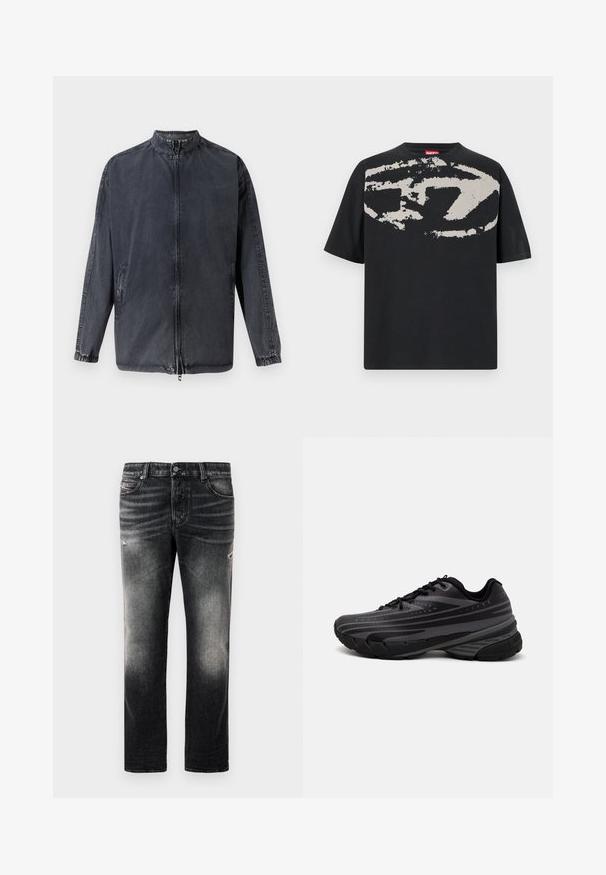 Casaco casual preto feito de material de ganga, com colarinho alto, fecho éclair à frente e punhos elásticos. Inclui bolsos laterais e um ajuste descontraído.; T-shirt preta com uma grande estampa abstrata cinza claro na frente. Mangas curtas e um decote redondo clássico. Material em algodão.; Calças jeans pretas com acabamento desbotado e detalhes desgastados, design padrão de cinco bolsos e fecho com zip. Feitas de tecido denim.; Shoe de corrida preta com um cabedal texturizado apresentando riscas cinzentas. Sola grossa para amortecimento, bico redondo e atacadores planos para um ajuste seguro.