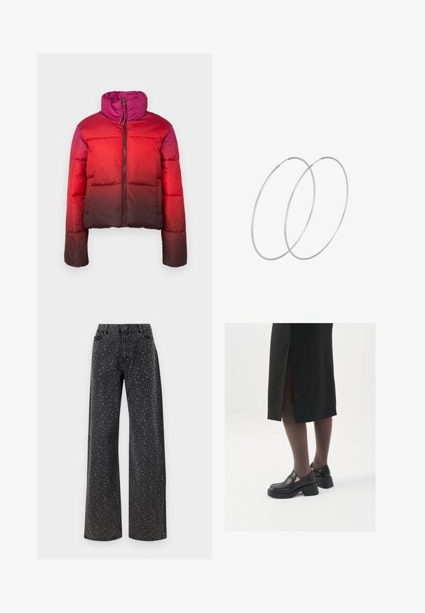 Puhasta jakna s ombre dizajnom koji prelazi iz svijetlo crvene u tamnu burgundy, s visokim kragnom i prednjim zatvaračem.; Crni bodysuit dugih rukava s mrežastim V-izrezom i naborima na ramenima. Glatka tkanina s prilagođenim oblikom.; Noisy May NMJANNEL LOOSE - Traperice opuštenog kroja - black denim; Crne kožne cipele s zaobljenim vrhom, debelim blok petama i elastičnim bočnim detaljima, uparene s tamnim čarapama i crnom suknjom s prorezom.; Srebrne okrugle naušnice s minimalističkim dizajnom. Kružni oblik, glatka tekstura i tanak profil. Lagane s poliranim završetkom.