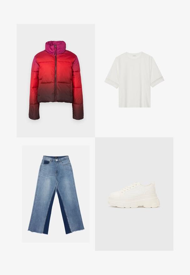 Puffjakke med en ombre-design som går fra lys rød til mørk burgunder, med høy krage og frontlomme med glidelås.; Hvit t-skjorte med kort erme laget av bomull, med dekorativ blondekant langs ermene og en rund halslinning.; Lyseblå vide jeans med kontrasterende mørkeblå paneler, frynset søm og vanlig liv med metallknapp-lukking.; Hvit kanvas sneakers med chunky såle, avrundet tå og fem hull for snøringer. Bakre tab for enkel påkledning. Glatt tekstur, minimalistisk design.