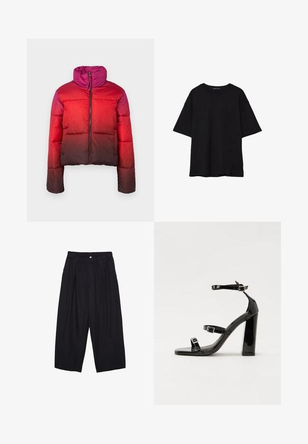 Giubbotto a vento con design ombre che passa da un rosso brillante a un borgogna scuro, con colletto alto e chiusura frontale con cerniera.; T-shirt in cotone nero con vestibilità rilassata, maniche corte, scollatura arrotondata e una texture liscia. Nessuna trama o accento visibile.; Pantaloni culotte neri in poliestere con una cintura elastica, due pieghe frontali e una silhouette ampia. Nessun motivo visibile o dettagli in metallo.; Sandali con tacco in vernice nera, con punta squadrata, cinturini alla caviglia e fibbie in argento. Presentano un tacco a blocco spesso per maggiore stabilità.