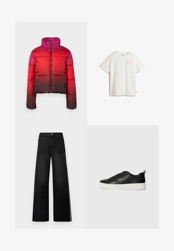 Pufová bunda s ombré designem, který přechází z jasně červené do tmavě burgundské, s vysokým límcem a předním zipem.; Vans Triko s potiskem - white; Široké černé džíny s kontrastními černými bočními panely. Mají klasickou denimovou texturu, stříbrné zapínání a bílé akcentační pruhy.; Černé nízké kožené tenisky s černými tkaničkami a bílou silnou gumovou podrážkou, zobrazené z vnější strany na bílém pozadí.