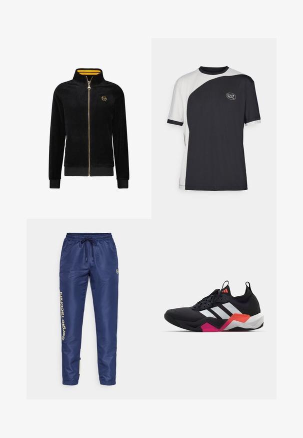 Sort fløjls zip-jakke med høj krave, gulstribede inderfor, ribbede manchetter og et guldlogo på brystet.; Kortærmet t-shirt med et to-farvet design i sort og hvidt, med en glat overflade og et EA7-logo på forsiden.; Mørkeblå træningsbukser med snoretræk i taljen, elastiske manchetter og guldbranding langs venstre side. Lavet af glat, let materiale.; Sort atletisk sko med hvide striber, tekstureret overdel og en kraftig sål med orange, pink og hvide detaljer. Snørebåndsdesign med trækløkke.