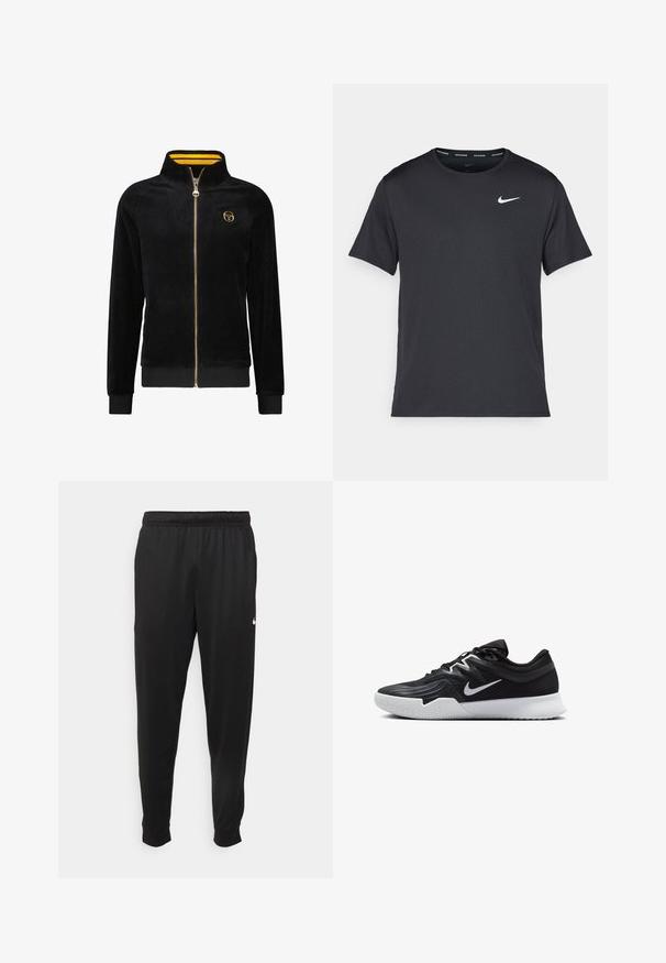 Sort fløjls zip-jakke med høj krave, gulstribede inderfor, ribbede manchetter og et guldlogo på brystet.; Sort Nike løbe T-shirt lavet af let, åndbart materiale, med korte ærmer og et lille hvidt logo på brystet.; Sorte atletiske bukser lavet af glat stof, med elastisk talje, smalnende ben og et lille hvidt logo på venstre side.; Sort atletiksko med en tekstureret overdel, hvid Nike swoosh og en hvid gummisål. Har en snørret design og dynamisk form.