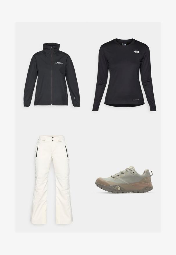 Crna TERREX jakna s visokim ovratnikom, punim zatvaračem i dugim rukavima. Izrađena od laganog materijala s blagim sjajem.; The North Face SHADOW LONG SLEEVE - Top dugih rukava - black; Bijele skijaške hlače s glatkom teksturom, sadrže dva zip zatvorena bočna džepa, dva dugmeta u struku i blago prošireni dizajn nogavica.; Svijetlosiva atletska cipela s bež naglascima, izrađena od sintetičkog materijala. Ima robustan potplat, dizajn na vezanje i branding sa strane.