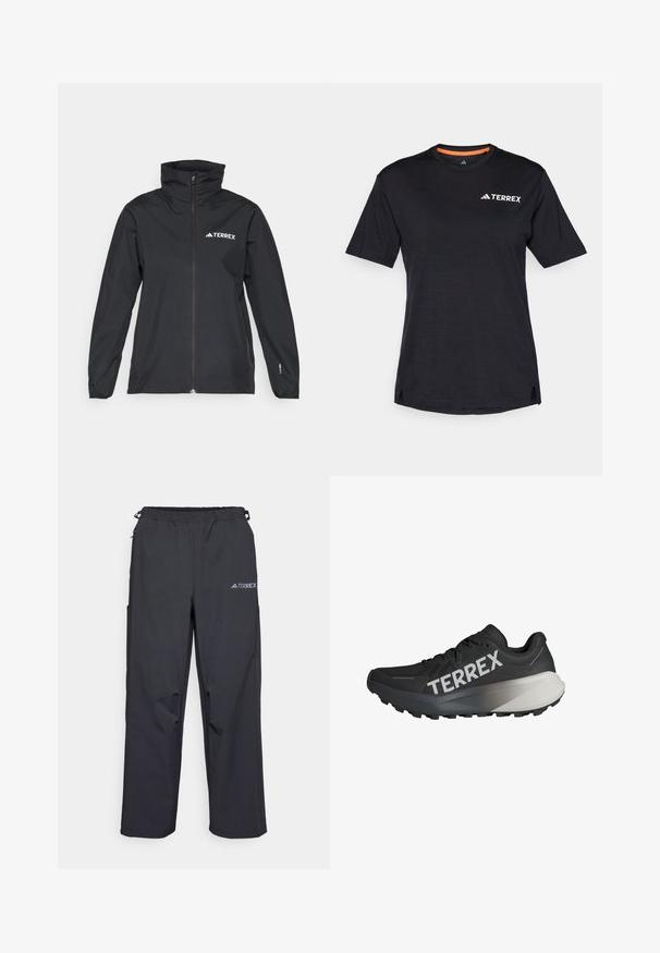 Svart TERREX-jakke med høy krage, hel glidelås og lange ermer. Laget av lett materiale med en subtil glans.; Svart T-skjorte med kort erme og rund hals, med en subtil melert tekstur og hvit "TERREX" logo på øverste venstre side.; Sorte, lette utendørsbukser med elastisk midjebånd, sidelommer og en logo på øvre høyre bein. Glatt, vannavvisende stoff.; Svart løpesko med teksturert overdel, fremtredende "TERREX"-logo i hvitt, avsmalnet såledesign og en gradient grå aksent på hælen.