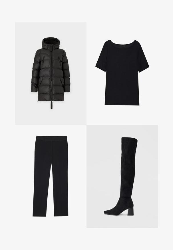 Hunter ORIGINAL ALBA - Téli kabát - black; Fekete, rövid ujjas póló, széles dekoltázzsal. Puha, könnyű anyagból készült. Egyszerű, mintás vagy díszítés nélküli dizájn.; Fekete nadrág, egyenes lábakkal, oldalsó zsebekkel és sima szövet textúrával. Minimális részletezés, letisztult derékpánt.; Fekete nubuk térd fölé érő csizma, tömbsarokkal, hegyes orral és sima, varrat nélküli dizájnnal, világos háttérrel.