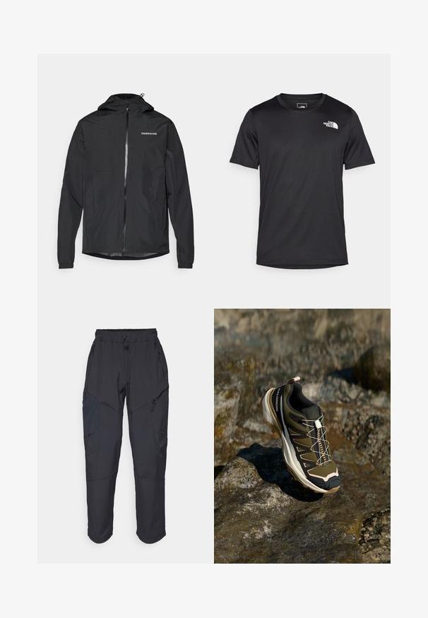 Veste légère noire avec capuche, dotée d'une fermeture éclair à l'avant, de poignets élastiques et d'un logo simple sur la poitrine. Matière lisse et résistante à l'eau.; T-shirt noir à manches courtes en tissu texturé, avec un petit logo blanc sur la partie supérieure gauche de la poitrine, encolure ronde.; Pantalons cargo noirs en matériau léger et résistant à l'eau ; dotés d'une taille élastique, de plusieurs poches zippées et de jambes fuselées.; Chaussure de randonnée en vert olive et noir avec des accents roses. Elle présente un dessus texturé, une semelle flexible, une coque avant renforcée et un système de laçage coloré.