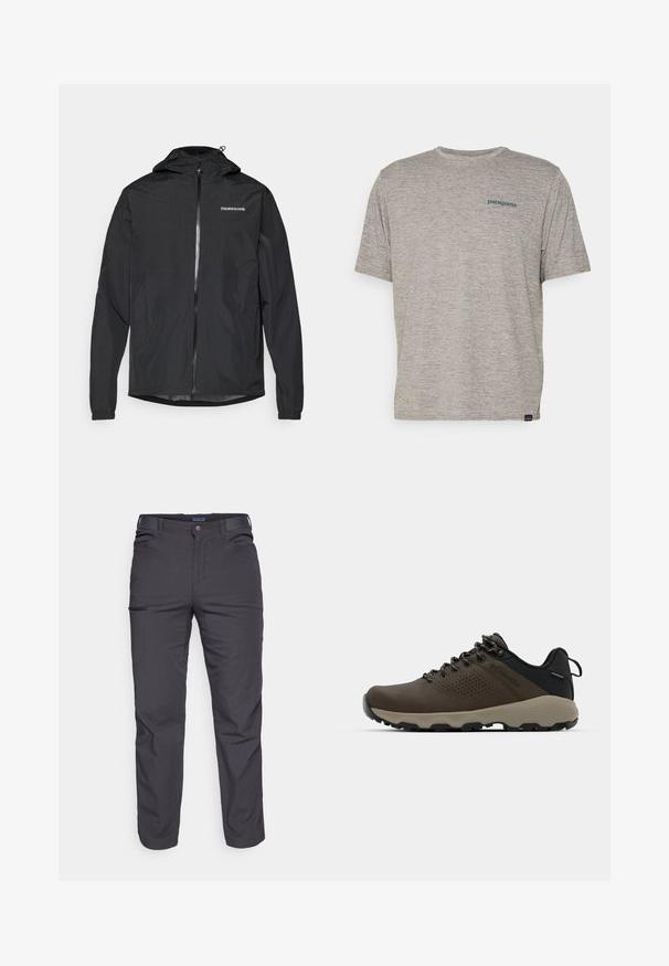 Jachetă ușoară, neagră, cu glugă, dotată cu fermoar frontal, manșete elastice și un logo simplu pe piept. Material neted, rezistent la apă.; Tricou gri cu mânecă scurtă, fabricat dintr-un material moale și texturat, având un mic logo al brandului Patagonia în culoare albastră pe pieptul stâng. Fără modele suplimentare.; Pantaloni negri închis dintr-un material rezistent, cu un buzunar cu fermoar, croială dreaptă și bucle pentru curea pentru ajustarea potrivirii.; Adidași impermeabili maro, cu un superior texturat, accente perforate, suport pentru călcâie negru și o talpă din cauciuc gri. Șireturile au vârfuri metalice.