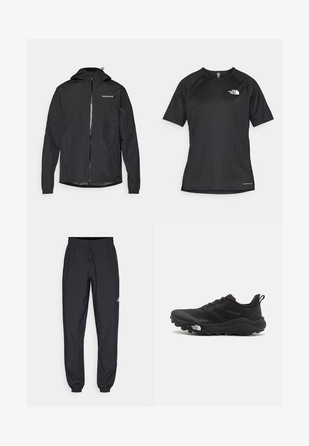 Melnas vieglas jakas ar kapuci, ar priekšējo rāvējslēdzēju, elastīgām aprocēm un vienkāršu logotipu uz krūtīm. Gluda, ūdensizturīga materiāla.; Melna sporta krekla īsām piedurknēm ar strukturētu audumu, kas ir ar baltu logotipu kreisajā krūtīs un taisnu apakšmalu.; Melni sporta bikses, kas izgatavotas no viegla auduma, ar savelcamu jostu, sānu kabatām un sašaurinātiem apakšējiem galiem pie potītēm.; Melnas taku skriešanas kurpes ar teksturētu virsu, gumijas zoli un pastiprinātu pirkstu daļu. Aprīkotas ar mīkstu apkakli un vilkšanas cilpu, lai viegli uzvilktu.