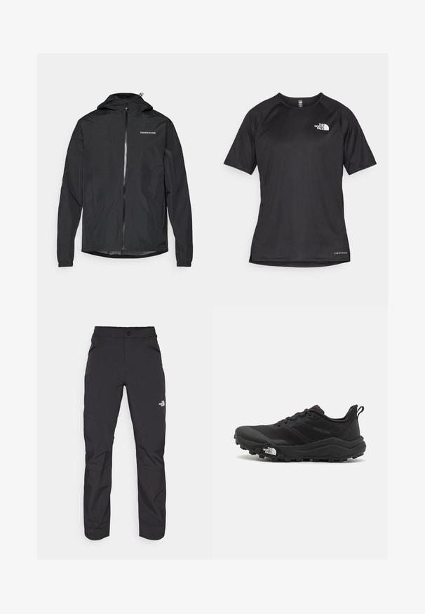 Melnas vieglas jakas ar kapuci, ar priekšējo rāvējslēdzēju, elastīgām aprocēm un vienkāršu logotipu uz krūtīm. Gluda, ūdensizturīga materiāla.; Melna sporta krekla īsām piedurknēm ar strukturētu audumu, kas ir ar baltu logotipu kreisajā krūtīs un taisnu apakšmalu.; Melnas āra bikses ar rāvējslēdzēju priekšējā kabatā, sintētisks materiāls, sašaurinātas kājas un pastiprinātas ceļa paneļi. Iespējams, ar pogas aizdari.; Melnas taku skriešanas kurpes ar teksturētu virsu, gumijas zoli un pastiprinātu pirkstu daļu. Aprīkotas ar mīkstu apkakli un vilkšanas cilpu, lai viegli uzvilktu.