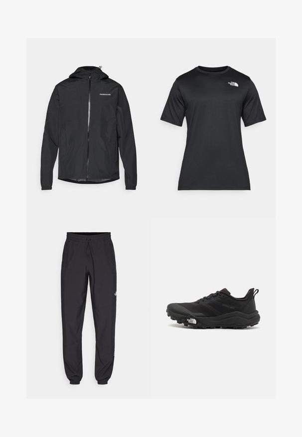 Black lightweight jacket with a hood, featuring a front zipper, elastic cuffs, and a simple logo on the chest. Smooth, water-resistant material.; Black short-sleeve t-shirt made of lightweight, moisture-wicking fabric. Features a white logo on the left chest and a crew neckline.; Black athletic pants made from lightweight fabric, featuring a drawstring waistband, side pockets, and tapered cuffs at the ankles.; Black trail running shoe with a textured upper, rubber sole, and reinforced toe cap. Features a padded collar and pull tab for easy wear.