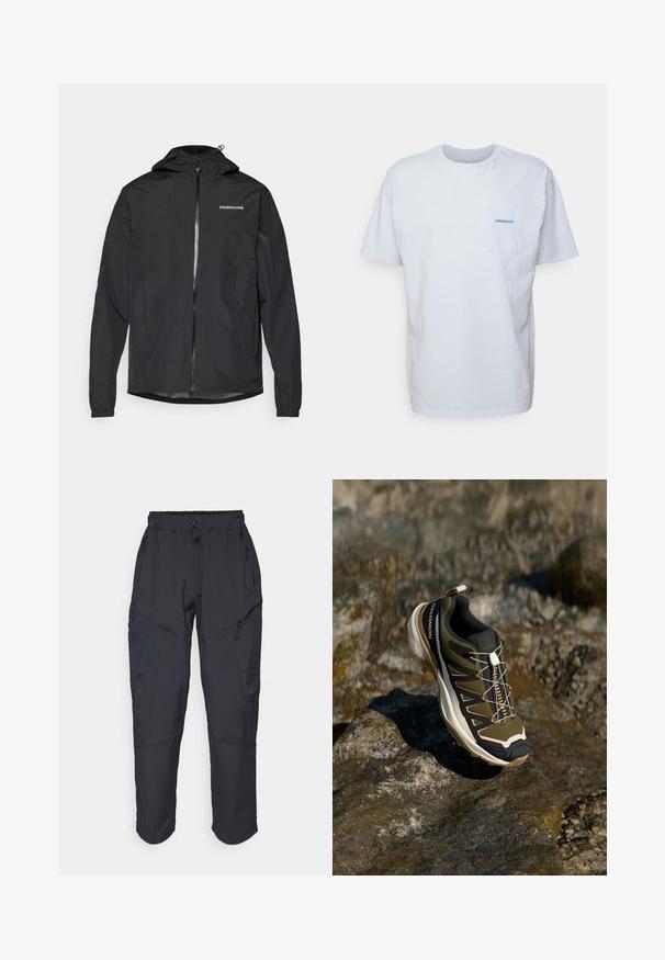 Fekete, könnyű dzseki kapucnival, elülső cipzárral, rugalmas mandzsettákkal és egy egyszerű logóval a mellkason. Simasztott, vízálló anyag.; Fehér pamut póló rövid ujjakkal, kerek nyakkal és bal oldalon elhelyezett zsebbel, amelyen egy kék "Patagonia" logó található. Klasszikus szabású, sima textúrával.; Fekete cargo nadrág, könnyű, vízálló anyagból; rugalmas derékrésszel, több cipzáras zsebbel és szűkített lábszárral rendelkezik.; Olívazöld és fekete túrabakancs rózsaszín részletekkel. Jellemzői közé tartozik a texturált felsőrész, a rugalmas talp, a megerősített orr- és a színes fűzőrendszer.
