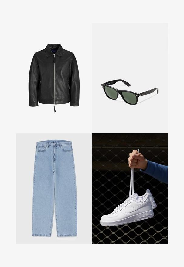 Černá kožená bunda s zipovým zapínáním, špičatým límcem a bočními zipovými kapsami. Má hladkou texturu a minimalistický design.; Bílý bavlněný top na ramínka s kulatým výstřihem, širokými ramínky a rovním lemem, s hladkou texturou a bez viditelných vzorů.; Světle modré džíny s rovnými nohavicemi, středním pasem, pěti kapsami a zapínáním na knoflík a zip.; Bílé kožené tenisky s perforacemi, kulatou špičkou, plochou podrážkou a silnými tkaničkami, které mají viditelné logo swoosh a nápis "AIR" na patě.; Černé plastové sluneční brýle se zelenými skly, čtvercové obroučky, stříbrný detail na obočí a texturované stranice. Značka uvedená na vnitřní straně stranic.
