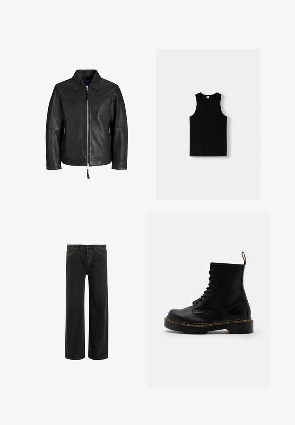 Čierna kožená bunda so zipsovým zatváraním, špicatým golierom a bočnými zipsovými vreckami. Vyznačuje sa hladkou textúrou a minimalistickým dizajnom.; Čierny top bez rukávov s okrúhlym výstrihom a širokými ramienkami. Vyrobený z mäkkej tkaniny, s hladkou textúrou a jednoduchým dizajnom.; Čierne džínsy s širokými nohavicami a vysokým pásom, so classic piatimi vreckami a jemným vyblednutím pre textúrovaný vzhľad.; Čierne kožené členkové čižmy s šnurovaním vpredu, žltým prešívaním, okrúhlou špičkou a hrubou, textúrovanou gumovou podrážkou.