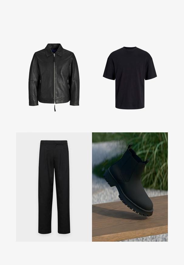 Schwarze Lederjacke mit Reißverschluss, spitzem Kragen und seitlichen Reißverschlusstaschen. Verfügt über eine glatte Textur und ein minimalistisches Design.; Schwarzes Baumwoll-T-Shirt mit Rundhalsausschnitt, kurzen Ärmeln und lässiger Passform. Glatte Oberflächenstruktur und keine sichtbaren Muster oder Akzente.; Schwarze Hose aus glattem Stoff, mit geradem Bein Design, zwei vorderen Falten und einem Standardbund mit Gürtelschlaufen.; Schwarze Knöchelstiefel mit glattem Finish, elastischen Seitenpanelen und einer dicken, robusten Sohle. Vor einem natürlichen Hintergrund auf einer Holzoberfläche platziert.
