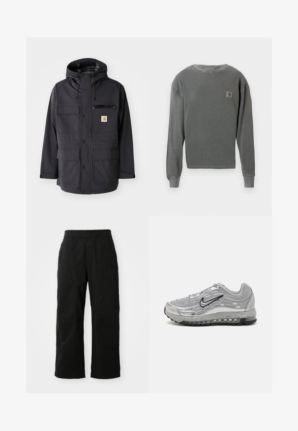 Melnas kapuces jaka ar gludu audumu, kurai ir vairāki priekšējie kabatas, rāvējslēdzēja krūšu kabata un logo plāksne.; Pelēks garās piedurknes kruzēns ar ribotu tekstūru, ar mazu kvadrātveida logotipa uzšuvumu kreisajā krūtī un ribotām aprocēm.; Melni kokvilnas bikses ar elastīgu jostu, platām kājām un lielām sānu kabatām. Audums izskatās mīksts ar gludu tekstūru.; Pelēkie Nike Air Max sporta apavi ar sietu un sintētisku augšdaļu, viļņveida dizainu, melniem akcentiem un redzamu gaisa amortizācijas vienību.