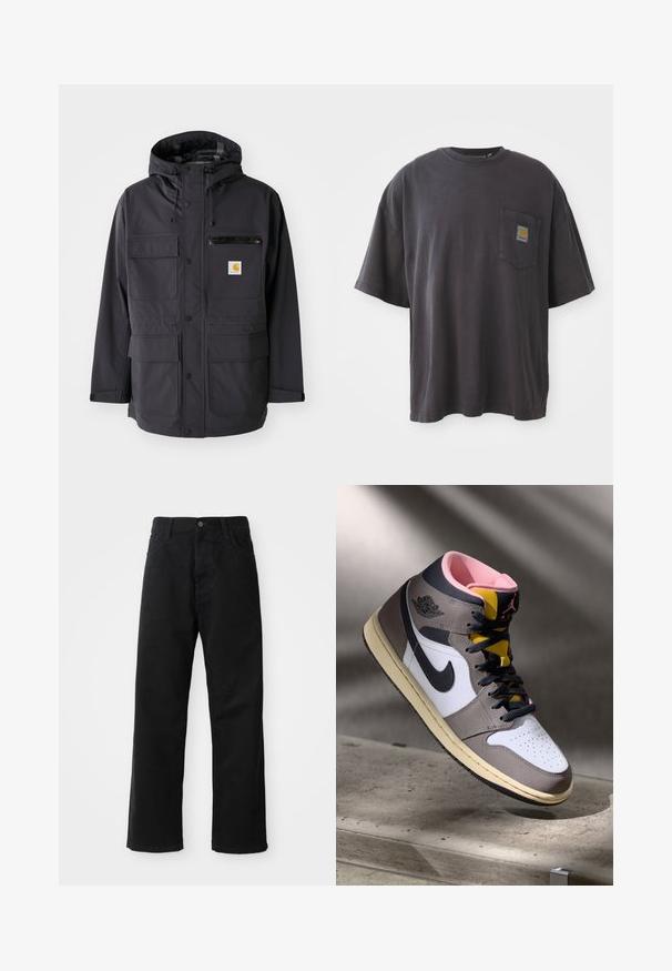 Črna kapuča jakna z gladkim materialom, ki ima več sprednjih žepov, žep na prsih z zadrgo in logo na obližu.; Črna bombažna majica s kratkimi rokavi, okroglim izrezom in žepom na levi strani prsi, ki vključuje kvadratno oznako. Preprost in neopazen dizajn.; Črni kavbojki z ravnim krojem, ki imajo sprednje žepke, zadrgo in en zgornji gumb. Teksturovan material z mat zaključkom.; Visoke Nike Air Jordan superge v beli, sivi in črni barvi z rožnato notranjostjo in rumenem jeziku, nameščene na betonski površini.