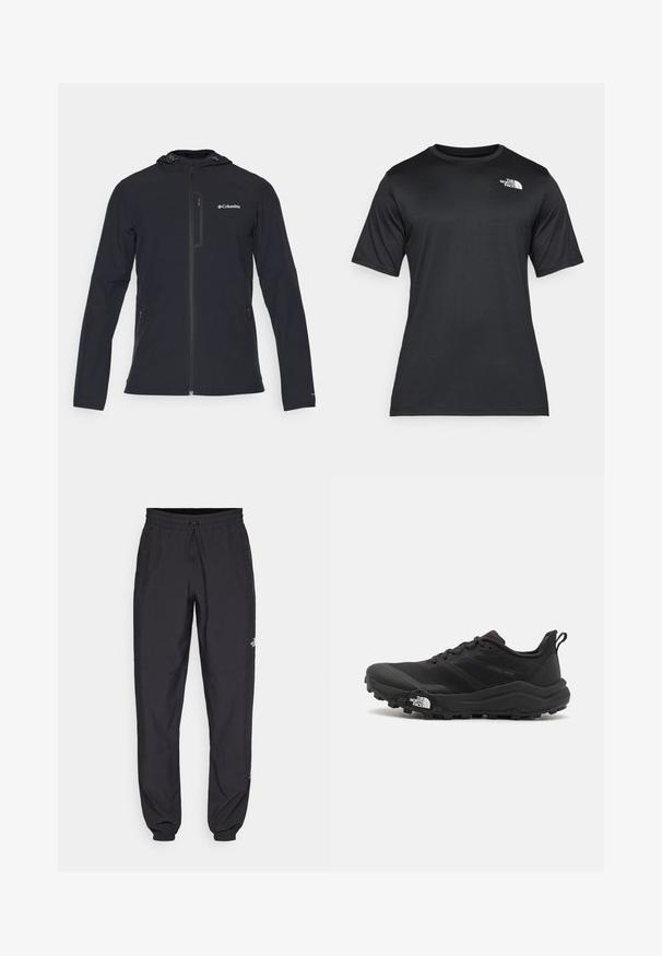 Columbia COLUMBIA TECH™ SOFTSHELL HOODIE - Softshelljacka - black; Svart kortärmad t-shirt i lätt, fuktavvisande material. Har en vit logotyp på vänster bröst och rund halsringning.; Svarta träningsbyxor tillverkade av lättviktsmaterial, med dragsko i midjan, sidofickor och avsmalnande muddar vid anklarna.; Svart terränglöparsko med en strukturerad ovandel, gummisula och förstärkt tåhätta. Har en vadderad krage och en dragflik för enkel påtagning.