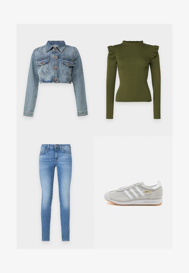 Krátka džínsová bunda svetlomodrej farby so štruktúrovaným golierom, dlhými rukávmi a dvoma prednými vreckami so zapínaním na gombík.; Olivovo zelený rebrovaný top s dlhým rukávom, ktorý má volánikový stojatý golier a zdobené ramená, vyrobený z elastického materiálu pre priliehavý strih.; Úzke modré denimové džínsy s mierne zvýšeným pásom, predným gombíkom a dizajnom s piatimi vreckami.; Svetlosivé tenisky vyrobené z kože a sieťoviny, s tromi bielymi pruhmi, okrúhlou špičkou a gumovou podrážkou. Zlatý logový akcent pri šnúrkach.