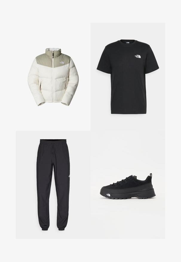 Puffjakke i cremefarvet med en lyse olivengrøn overdel. Har lynlåslukning, høj krave og to frontlynlåslommer. Blød tekstur.; Sort bomulds t-shirt med korte ærmer, rund hals og et lille hvidt logo på venstre bryst. Enkel design, glat tekstur og afslappet pasform.; Sorte atletiske bukser lavet af letvægtsstof, med en snor i taljen, sidelommer og tapered manchetter ved anklerne.; Sort udendørs sneakers med overdel i ruskind, tekstureret gummisål og robust snøringssystem. Har en forstærket hæl og logo fra mærket på siden.