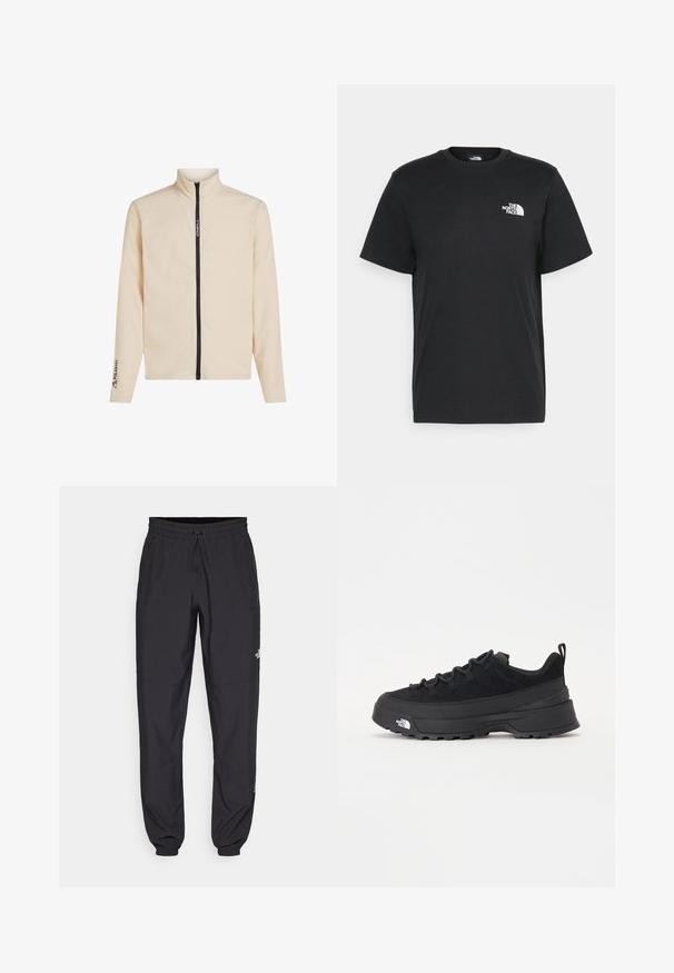 Cream-colored fleece jacket with a high collar, full front zipper, and logo accents on the chest and sleeve. Features long sleeves and a soft texture.; Black cotton t-shirt with short sleeves, crew neck, and a small white logo on the left chest. Simple design, smooth texture, and relaxed fit.; Black athletic pants made from lightweight fabric, featuring a drawstring waistband, side pockets, and tapered cuffs at the ankles.; Black outdoor sneaker with a suede upper, textured rubber sole, and sturdy lacing system. Features a reinforced heel and brand logo on the side.