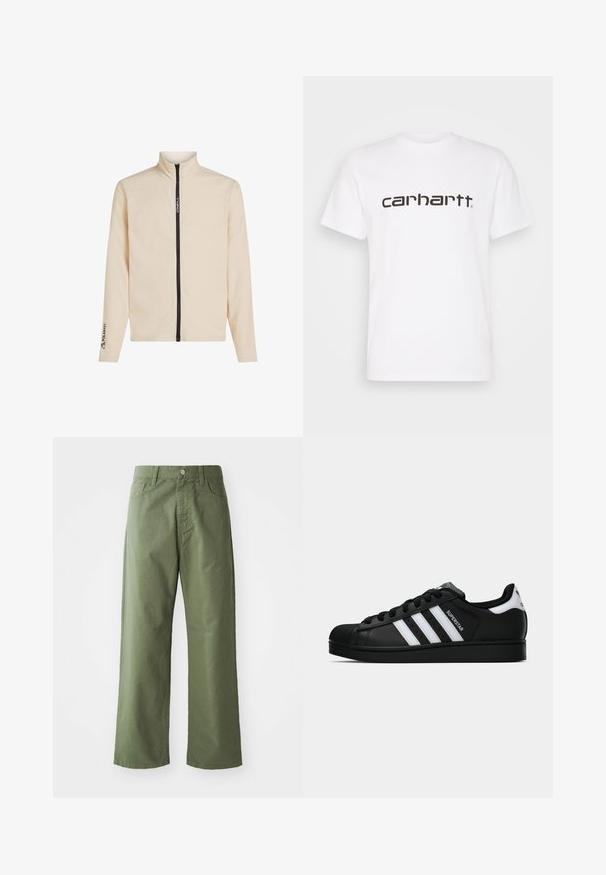 Jasne krémový flísový svetrový kabát s vysokým golierom, celopredným zipsom a logom na hrudi a rukáve. Má dlhé rukávy a jemnú textúru.; Biela bavlnená tričko s krátkymi rukávmi a okrúhlym výstrihom. Má veľké logo "carhartt" v tmavo hnedej farbe cez hruď.; Olive zelené široké nohavice vyrobené z bavlny. Obsahujú pútka na opasok, predné zapínanie na gombík a bočné vrecká. Hladká textúra.; Čierne tenisky Adidas Superstar s bielymi pruhmi, špičkou v tvare mušle a textom "Superstar" na boku, zobrazené v bočnom profilu na bielom pozadí.