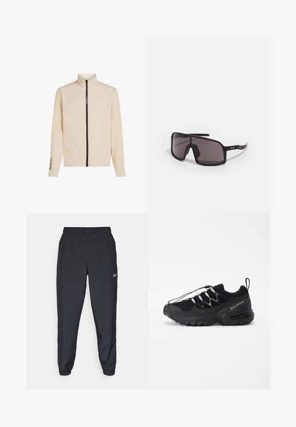 Cream-colored fleece jacket with a high collar, full front zipper, and logo accents on the chest and sleeve. Features long sleeves and a soft texture.; Black short-sleeve Nike t-shirt made of smooth fabric, featuring a white swoosh logo on the upper left side, crew neckline.; Black track pants made from lightweight fabric with an elastic waistband, ankle cuffs, and a discreet Nike logo on the left side.; Black running shoes with mesh upper, reflective accents, and elastic laces. Features a rugged sole with traction patterns for stability.; Black rectangular sunglasses with dark lenses, wide frame, and slender black arms. Features a logo on the temples. Smooth texture.