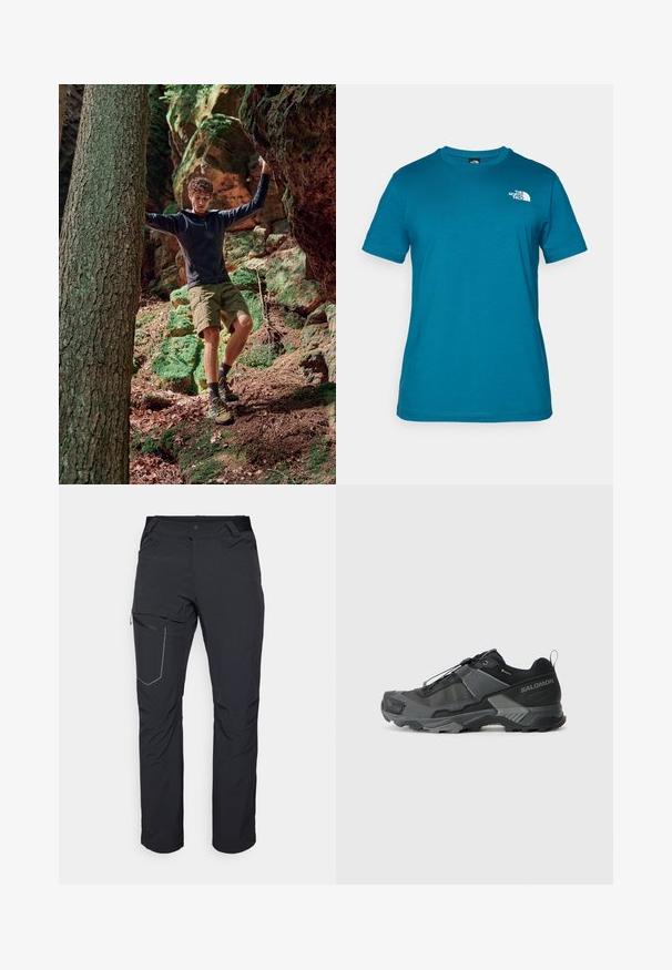 Ārējās piedzīvojumu apģērbs, kas sastāv no melnas kapuci jaku ar rāvējslēdzēju, zaļiem šortiem un dzeltenām pārgājienu kurpēm. Dabiska meža vide ar akmeņiem un sūnām.; Tirkīza krāsa īsām piedurknēm T-kreklam, kas izgatavots no mīksta kokvilnas, ar baltu logo, kas drukāts kreisajā krūšu pusē, un klasisku apaļu kakla dizainu.; Melni āra bikses ar rāvējslēdzēja sānu kabatu, elastīgu jostasvietu un gludu, ūdensizturīgu audumu. Tīra dizaina bez redzamām emblēmām.; Melnas taku skriešanas kurpes ar izturīgu sieta augšdaļu, pastiprinātu purngala daļu, teksturētu gumijas zoli un elastīgu šņorēšanas sistēmu drošai piegulšanai.