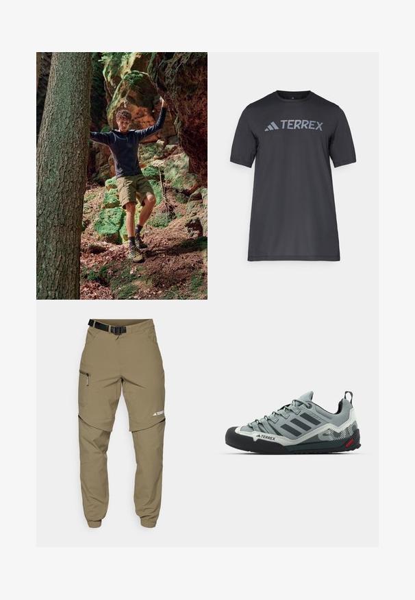 Utendørs eventyrantrekk med en svart hettejakke med glidelås, grønne shorts og gule fottursko. Naturlig skogsmiljø med steiner og mose.; Svart t-skjorte med kort erm laget av lett stoff, med en lys grå "TERREX" logo på tvers av brystet og rund hals.; Kakhifargede friluftsbukser med justerbart svart belte, glidelåslommer, avsmalnende ermer og avtagbare underben for variert styling.; Grå klatresko med en teksturert overdel, svart gummitåhette, tre mørke striper og en liten rød aksent på sålen.