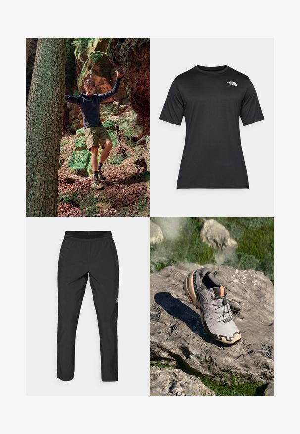 Välistingimustes seikluse riietus, mis sisaldab musta lukuga kapuutsiga jakki, rohelisi lühikesi pükse ja kollaseid matkajalatsid. Loomulik metsa keskkond koos kivide ja sambla sarnaste elementidega.; Must räpaseda must t-särk, mis on valmistatud kerge, niiskust eemal hoidvast kangast. Vasakul rinnal on valge logo ja ümar kaelus.; Mustad mustreid spordipüksid, millel on elastne vöökoht, valmistatud kergest kangast, sisaldades väikest logot sääre alumises osas ning sirget koostisosade kujundust.; Helehallid hallid jooksujalatsid beežide aktsentidega, tekstureeritud pealis, mustad paelad ja väljendunud tugi talla all. Omab brändi logo.