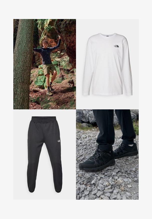 Outdoorová dobrodružná souprava zahrnující černou mikinu na zip, zelené šortky a žluté turistické boty. Přírodní lesní prostředí s kameny a mechem.; Bílý dlouhý rukáv tričko vyrobené z bavlny s kulatým výstřihem. Na hrudi se nachází malé černé logo. Hladká textura, běžný střih.; Černé tepláky s nastavitelným pasem, zúženým střihem, elastickými manžetami a malým bílým logem na levém stehně, vyrobené z hladké tkaniny.; Černé venkovní boty z prodyšného a syntetického materiálu, s texturovaným svrškem, bezpečným šněrovacím systémem a robustní podrážkou, na skalnatém terénu.